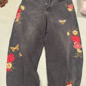 Size 34 Floral Embroidered Black Jeans